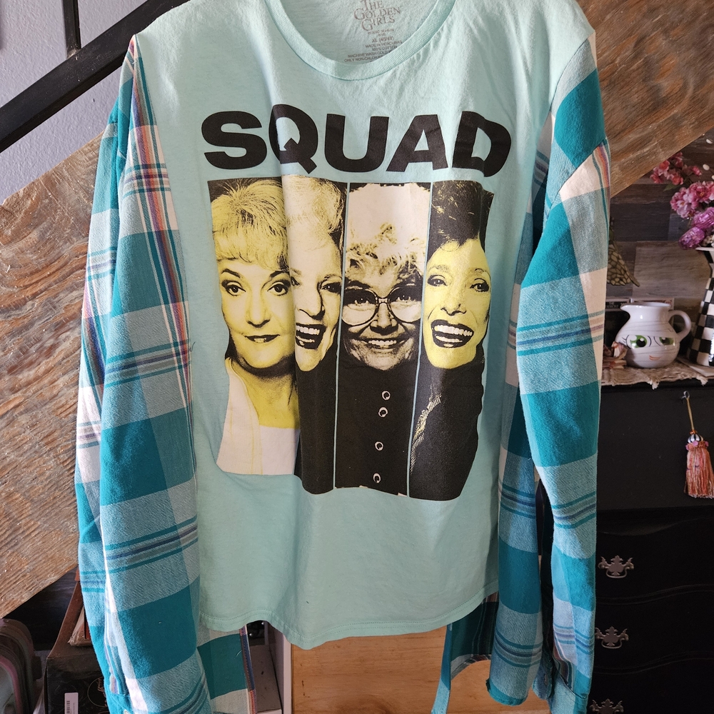 Golden Girls T-shirt With Teal Plaid Flannel Sleeves
